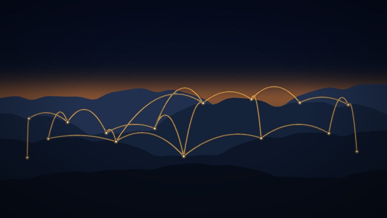 Illustration of a night Front Range mountain silhouette with abstract amber network lines across the dark ridges.