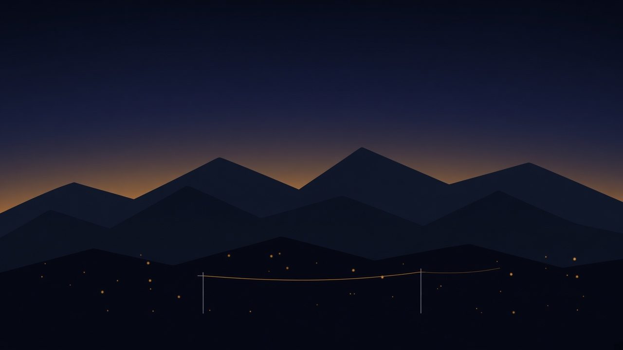 Concept illustration of dark Front Range mountain ridges at dusk, with an amber horizon, a thin utility line, and a small electrical structure in the foothills.