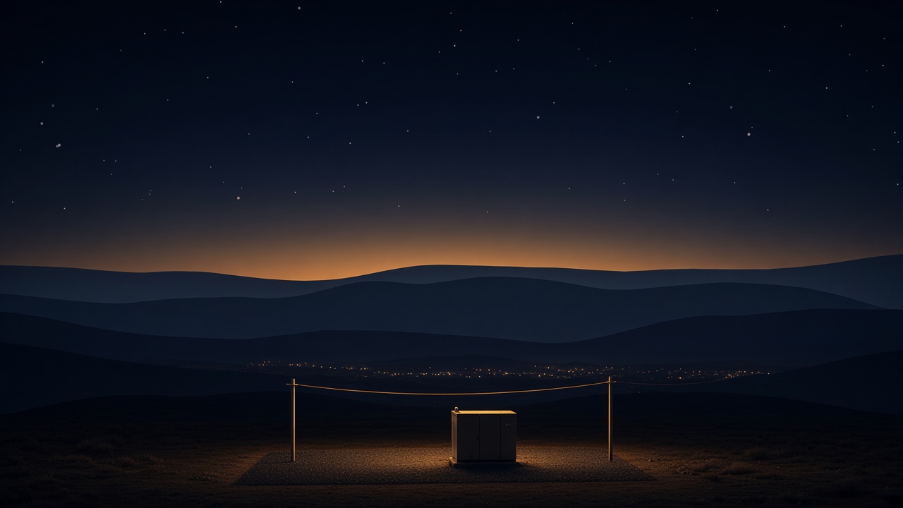 Concept illustration of an energized site in the Colorado foothills: an empty equipment pad, a small electrical cabinet, and a thin utility line.
