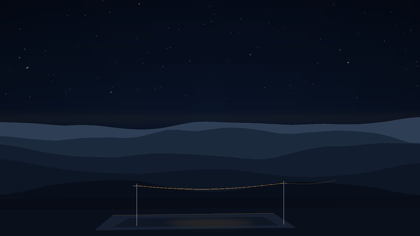Illustration of energized land in the Colorado foothills: dark Front Range ridgelines, an empty pad, and a thin utility line.